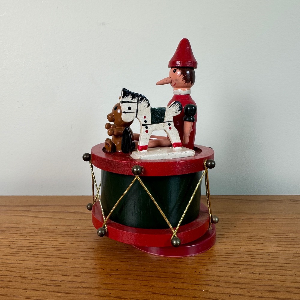 Vintage Wooden Drum Music Box with Pinocchio‎ Bear and Horse Christmas Decor